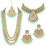 Aheli Indian Wedding Kundan Beaded Bridal Long Choker Necklace Earrings with Maang Tikka Traditional Jewellery Set for Women